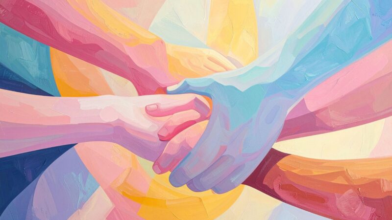 Profissionais de saúde simbolizando colaboração com as mãos unidas.