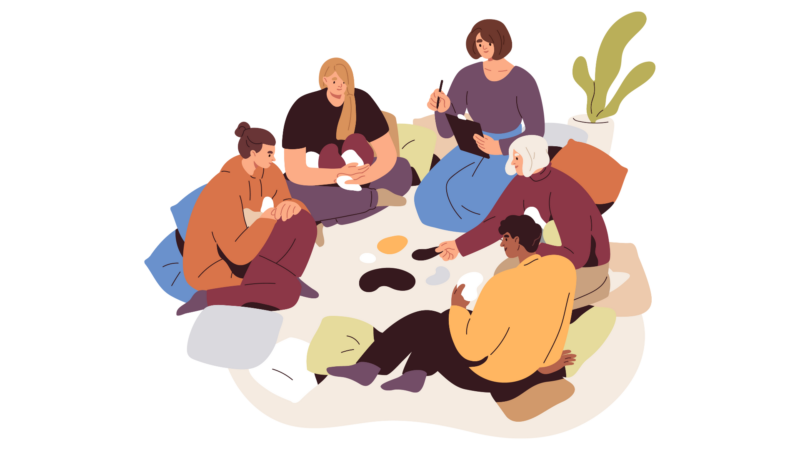 Pessoas em círculo durante atividade de arteterapia, demonstrando o uso de Práticas Integrativas em Saúde em grupo.