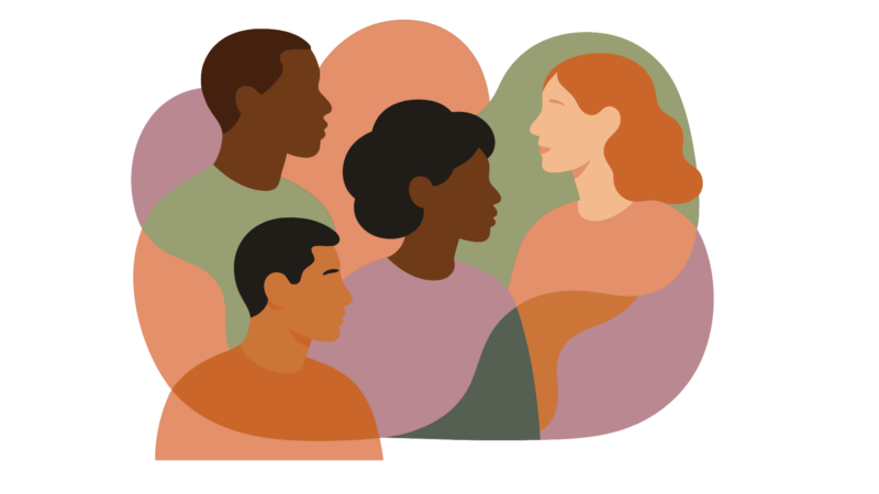 Ilustração de grupo terapêutico em saúde mental, simbolizando troca e acolhimento