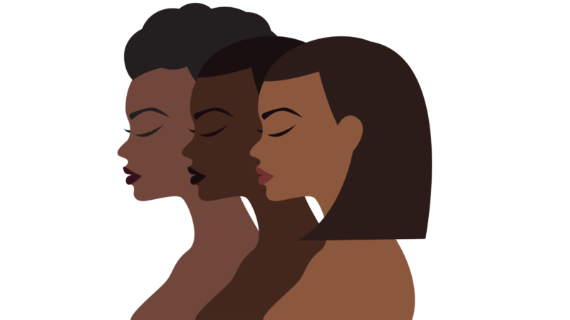 Ilustração de três mulheres negras representando experiências raciais e saúde mental