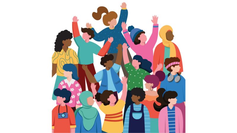 Ilustração de pessoas diversas reunidas e celebrando a participação comunitária